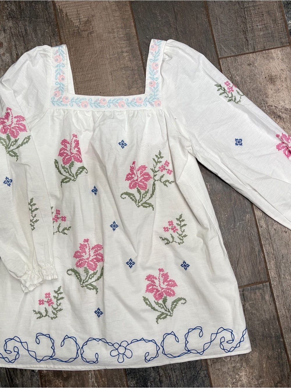 Embroidered Floral White Peasant Tunic Dress - White, Blue, Pink & Green - Picture 3 of 8